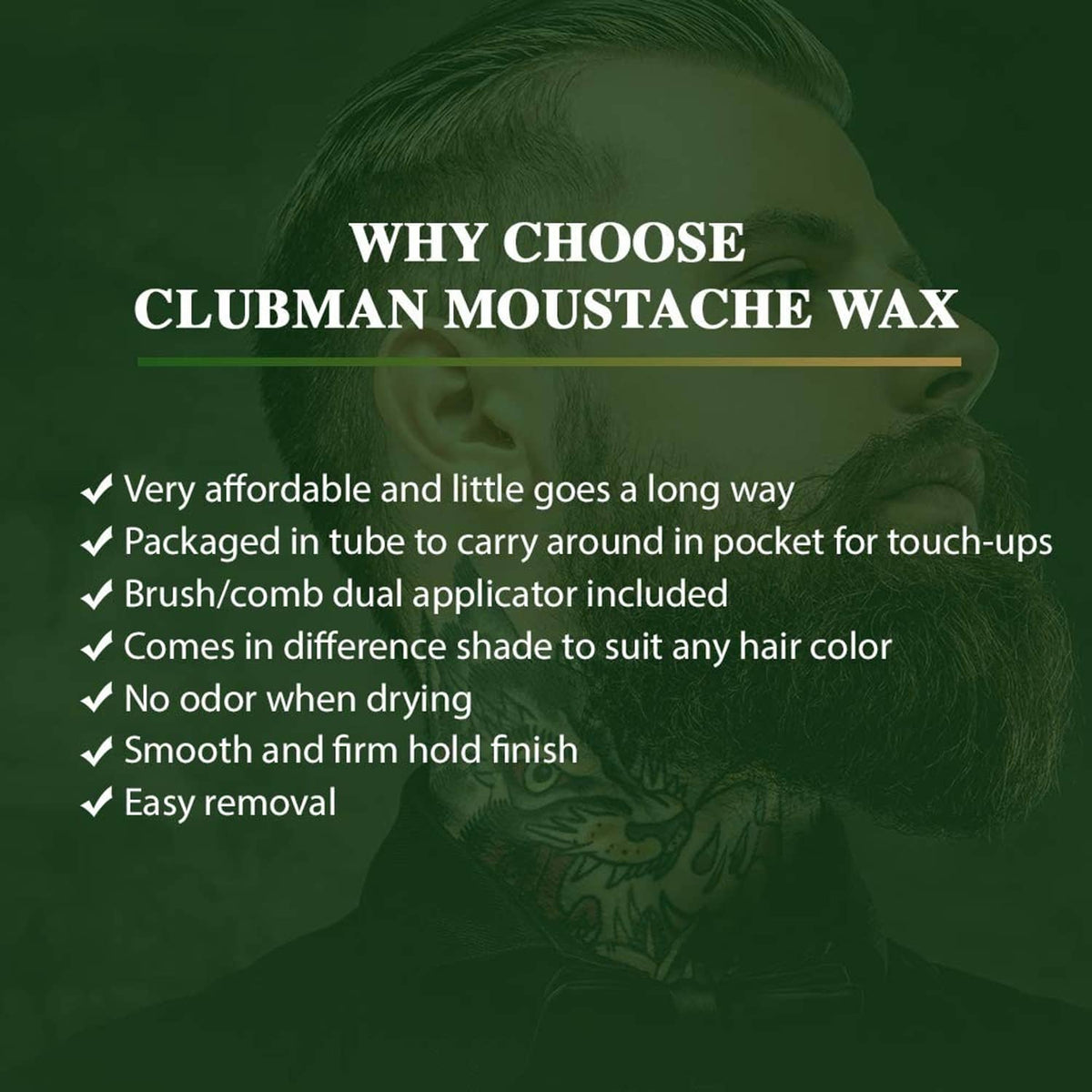Black mustache wax tube on card with “Why Choose” heading