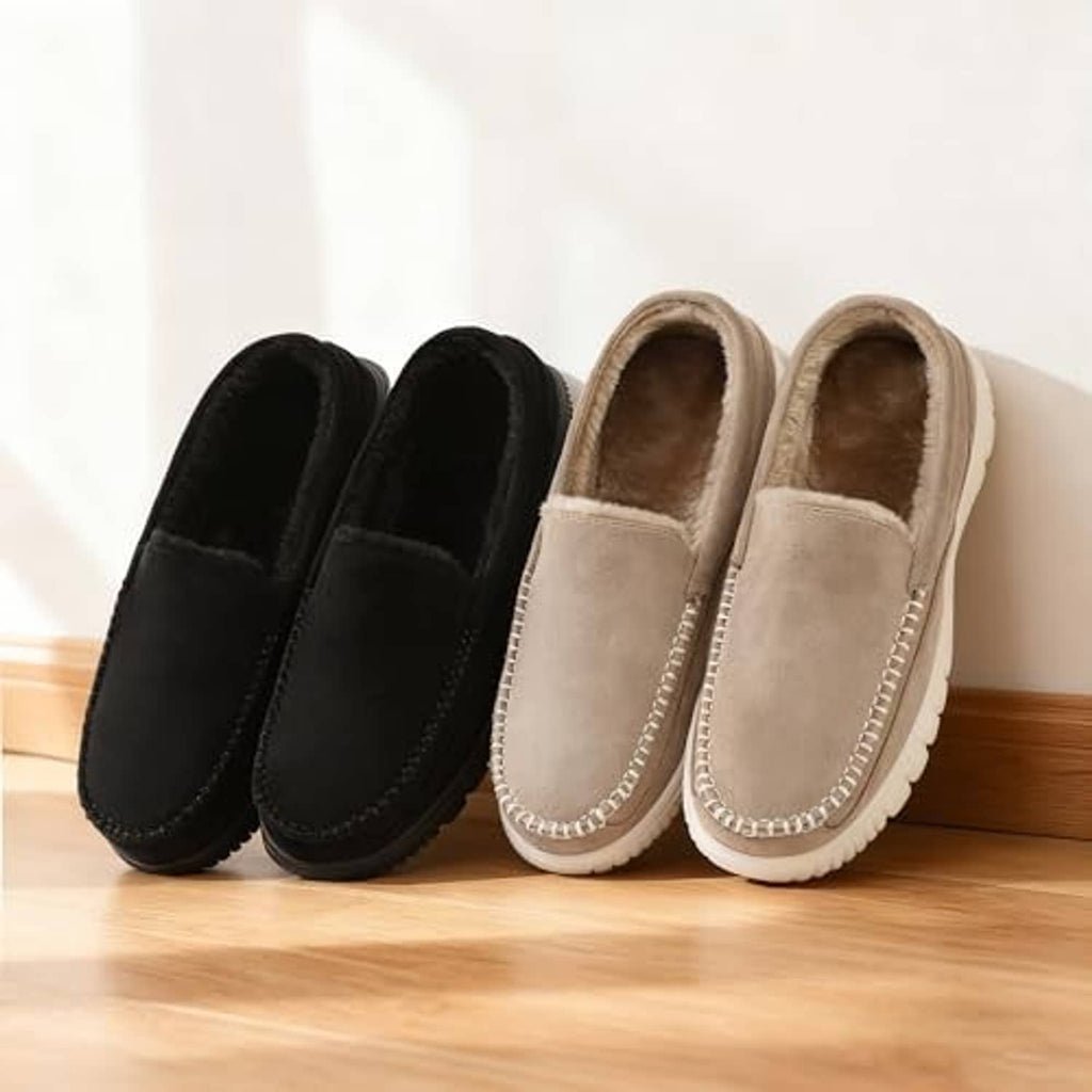 Pair of men's faux-fur slippers: black and beige slip-on loafers