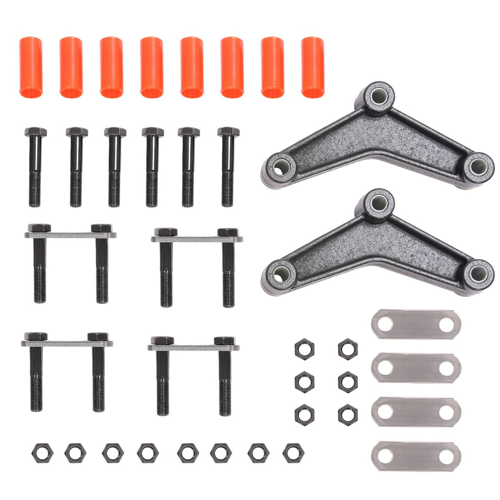 Tandem trailer axle shackle kit with two black steel shackle arms and hardware set