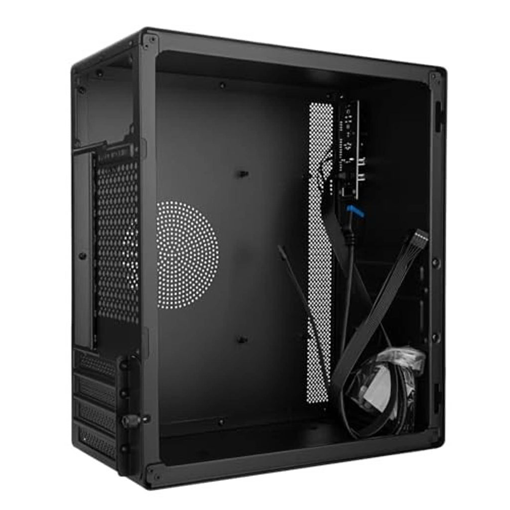 Black open PC case showing interior frame, mesh panels, and installed cooling fan