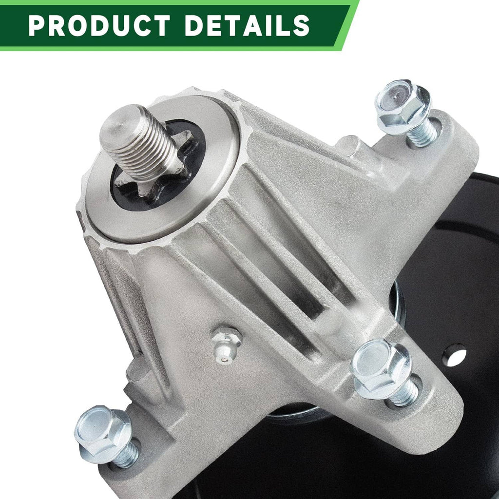 Close-up silver spindle housing with threaded stud and mounting bolts