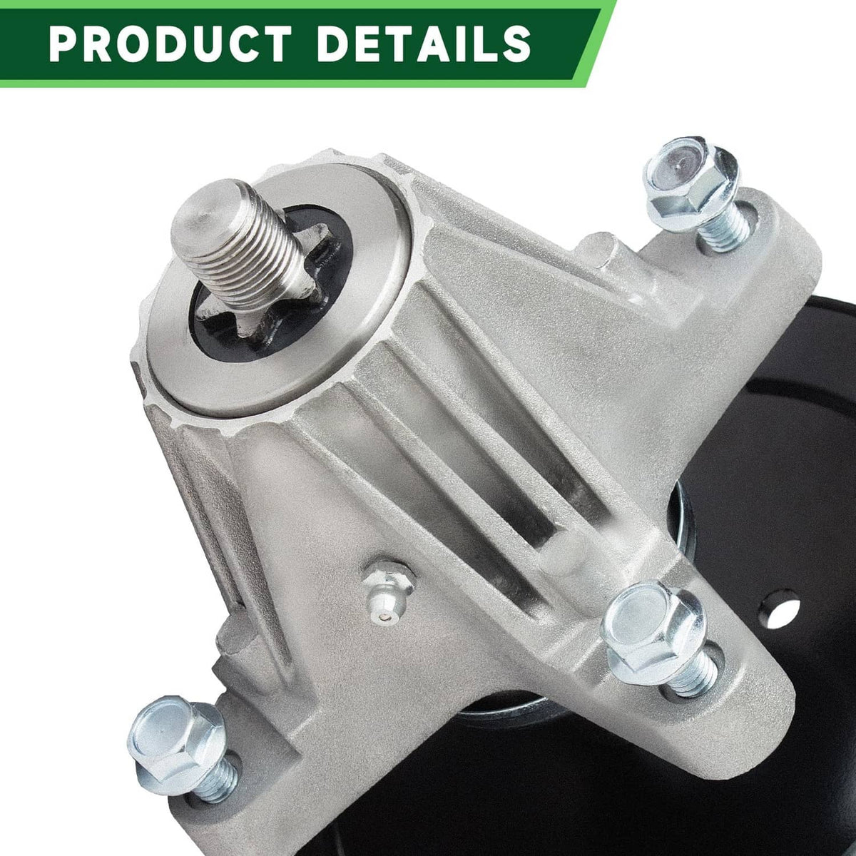 Close-up silver spindle housing with threaded stud and mounting bolts