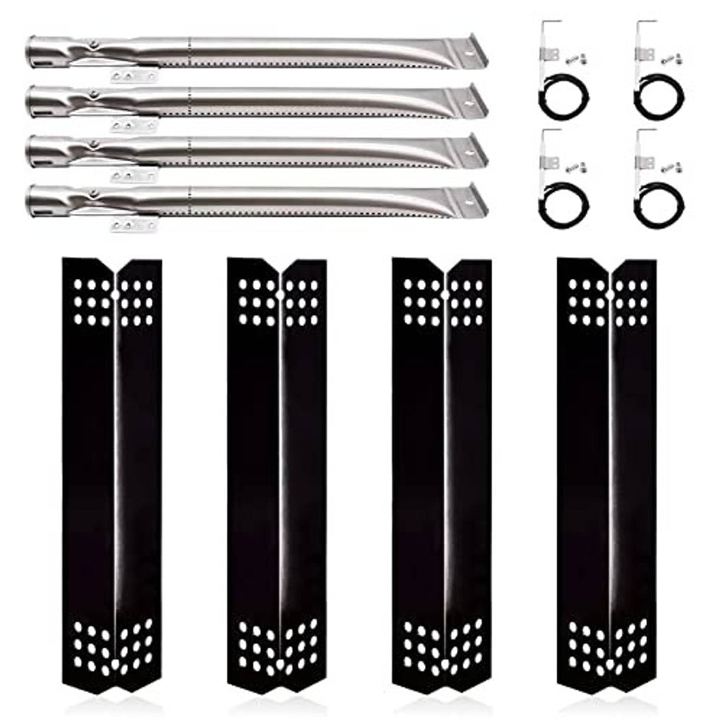 Porcelain steel grill burner tubes with brackets and black perforated heat shields