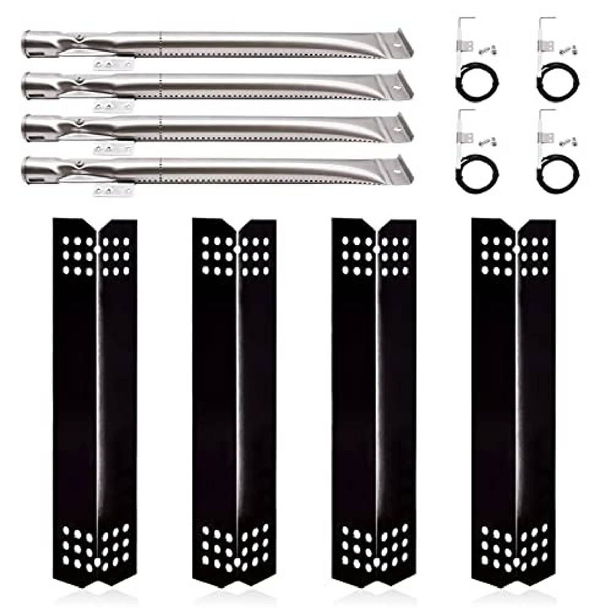 Porcelain steel grill burner tubes with brackets and black perforated heat shields
