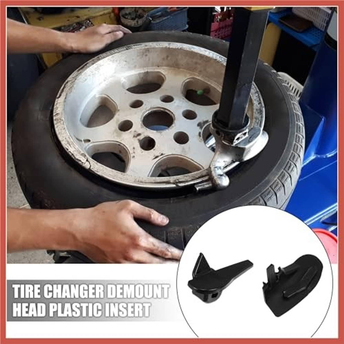 Tire changer demount head with black plastic inserts applied near wheel edge