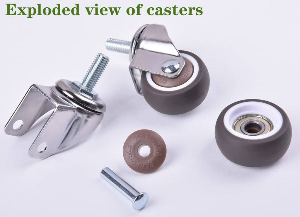 Exploded caster parts kit with metal bracket, rubber wheel, bolts, and T-nut