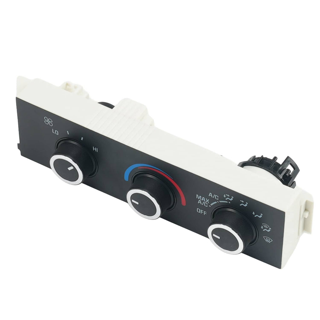 HVAC climate control switch unit with three rotary knobs, black face and white connectors.
