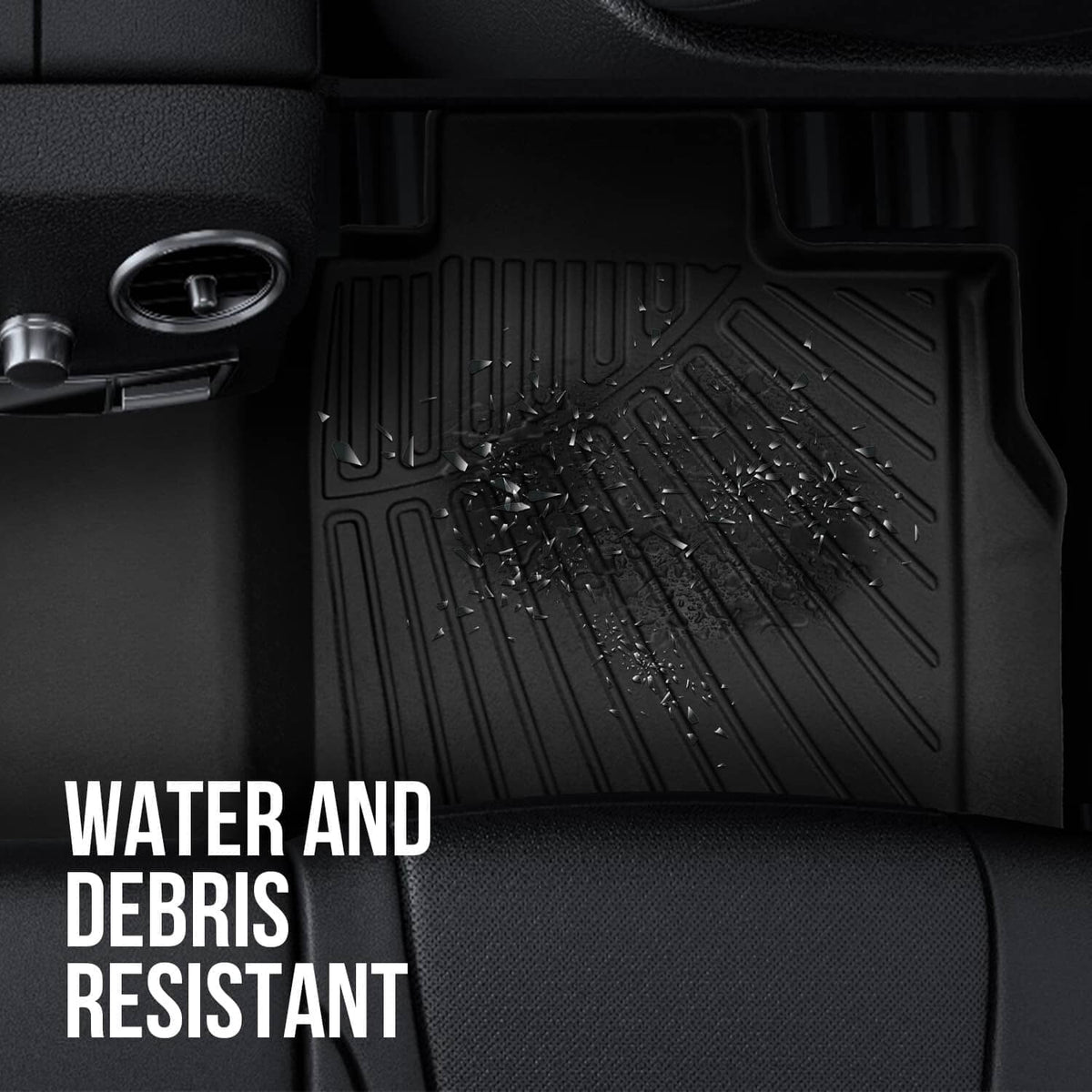 Black TPE floor mat with deep grooves and raised tread for water and debris