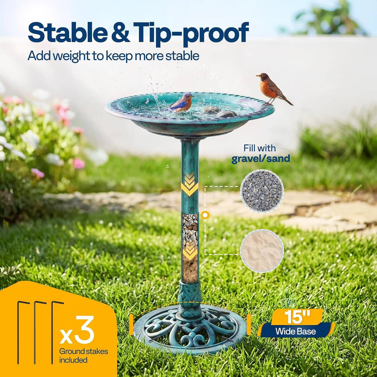 Outdoor turquoise bird bath on pedestal, shallow basin with water and small birds