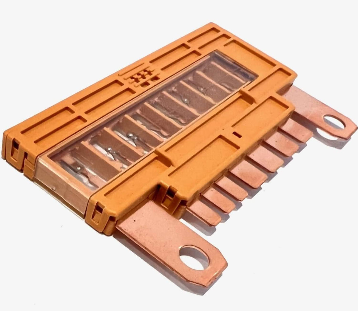 Automotive fuse link block with clear fuse windows and terminal pins, orange plastic base