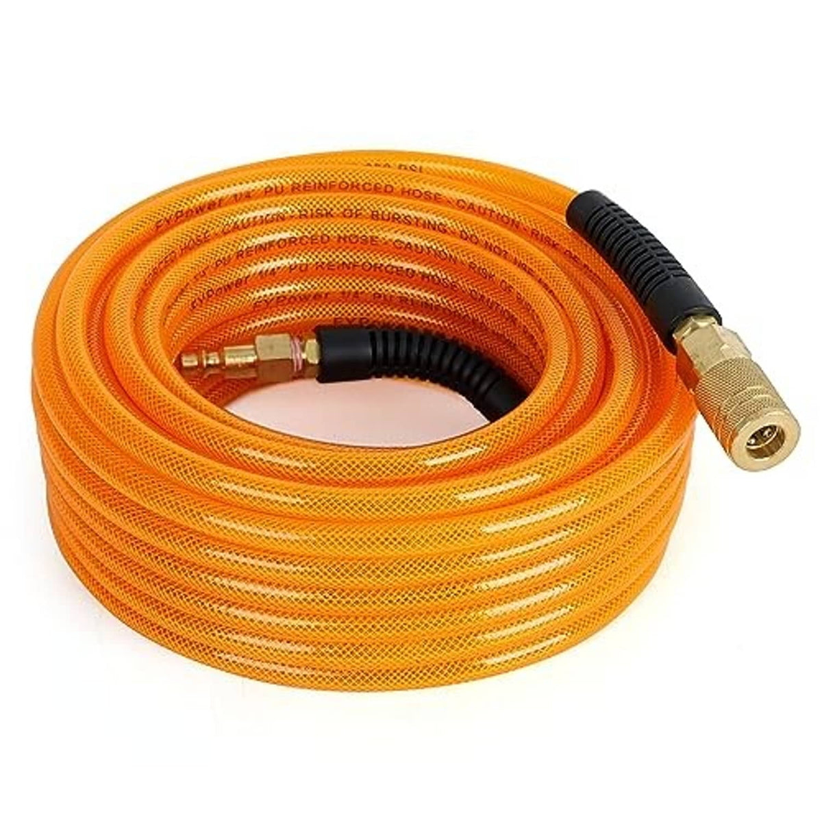 Orange air compressor hose coil with brass coupling and black ribbed connector end
