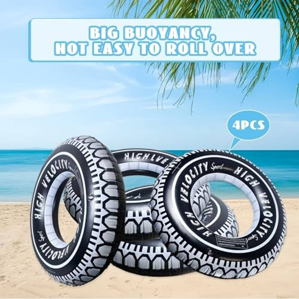Four-pack black-and-white inflatable tire pool float rings with “High Velocity” design