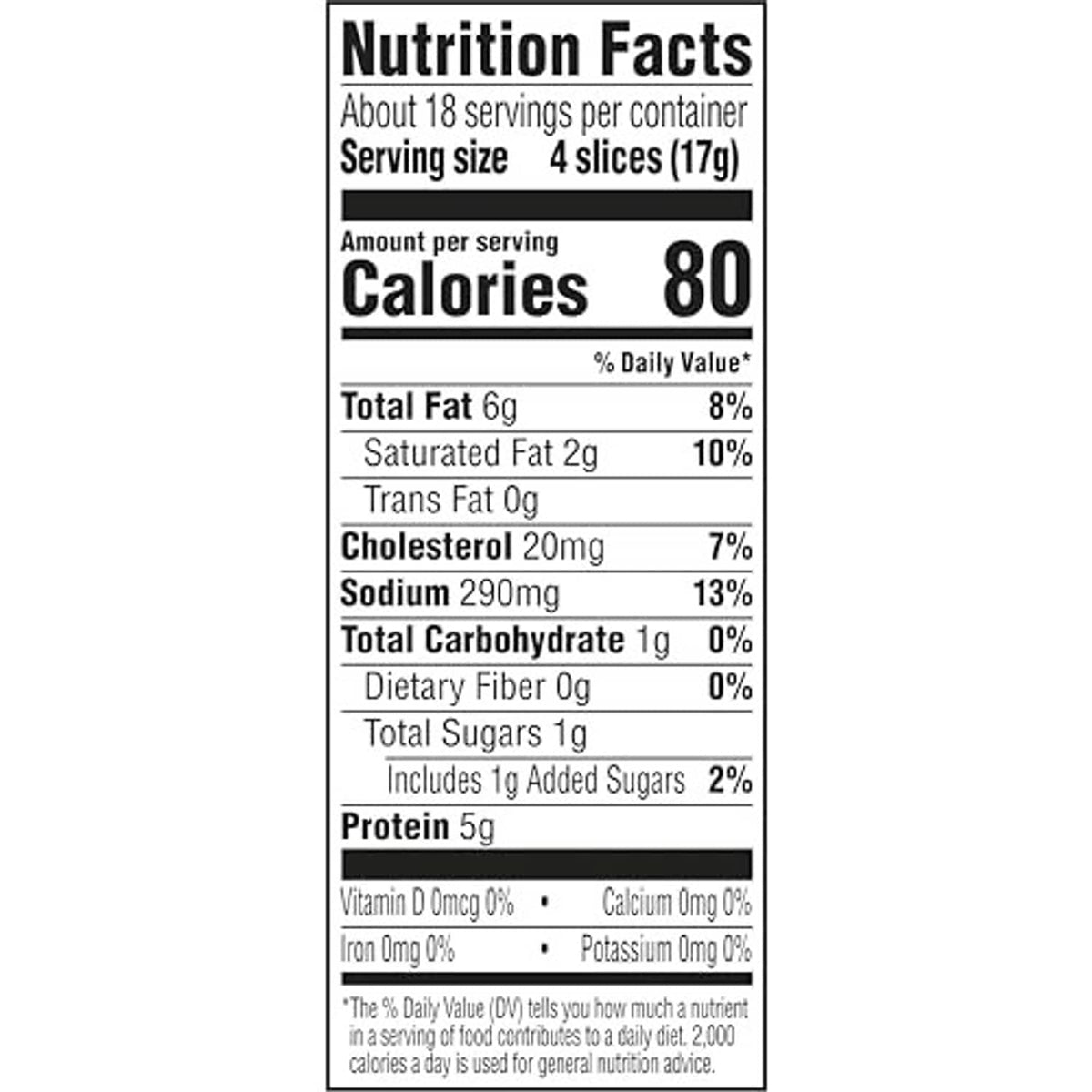 Nutrition Facts panel showing 80 calories, sodium 290mg, and protein 5g per serving