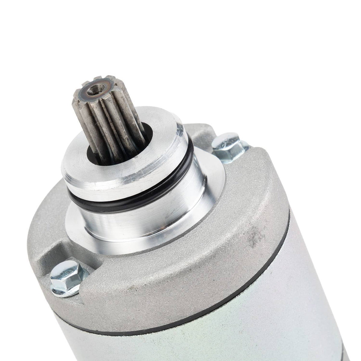 Starter motor pinion end with toothed drive gear and metal mounting collar