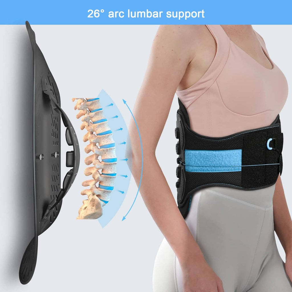 Black and blue back brace worn on torso with curved support plate and straps
