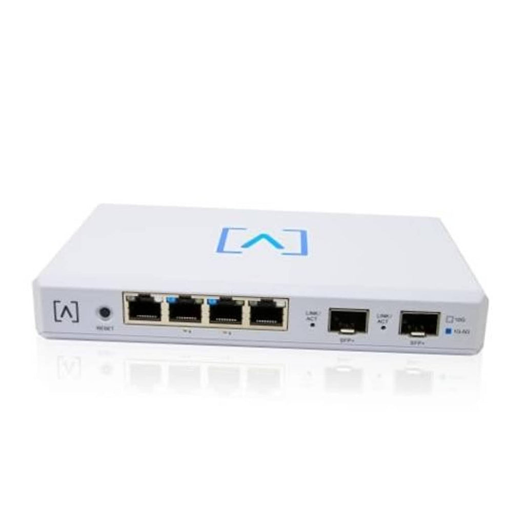 White multi-WAN router with four RJ45 LAN ports and two SFP+ slots on front