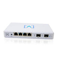White multi-WAN router with four RJ45 LAN ports and two SFP+ slots on front