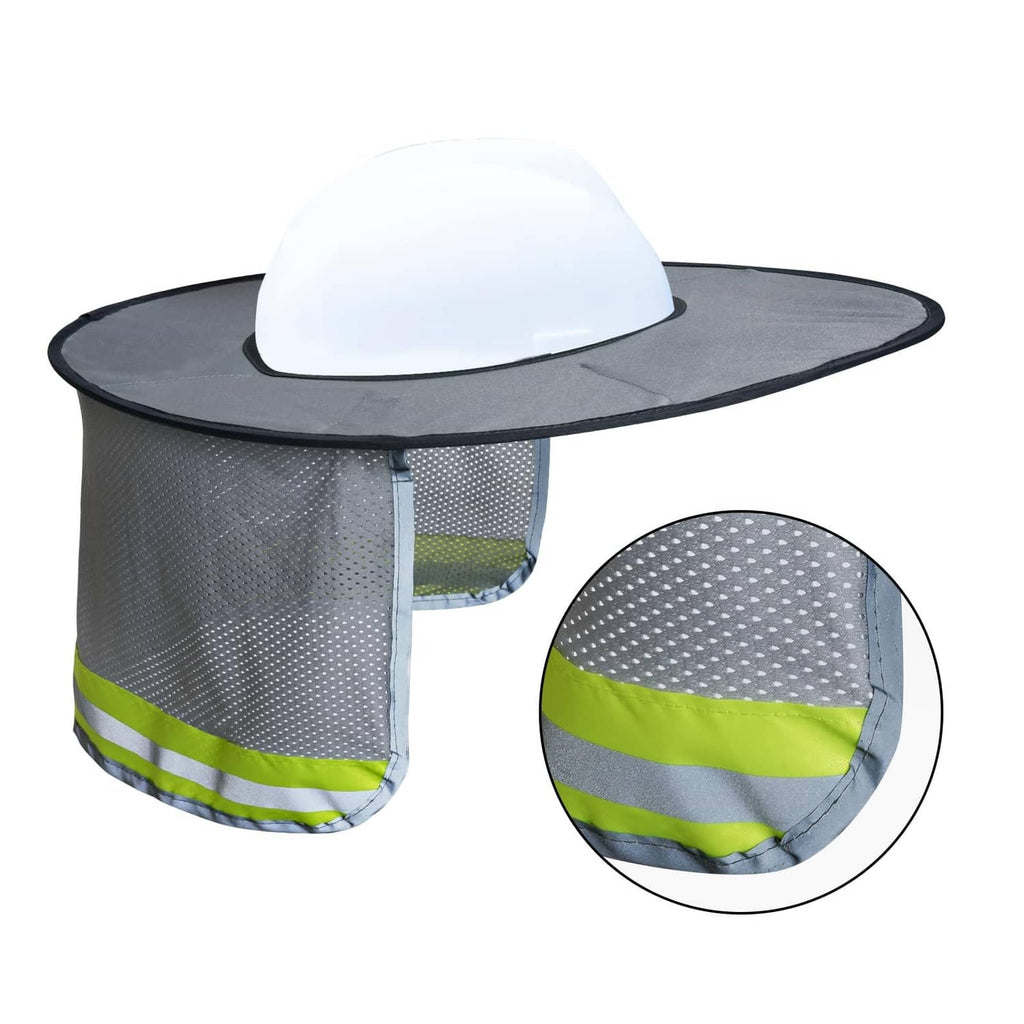Grey hard hat sun shield mesh hat with full brim and lime reflective band