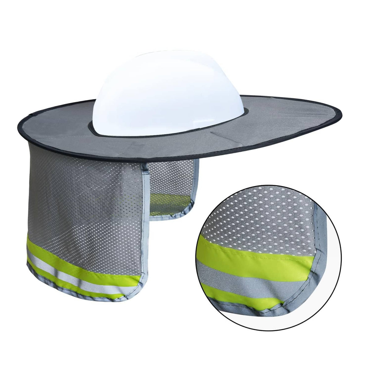 Grey hard hat sun shield mesh hat with full brim and lime reflective band