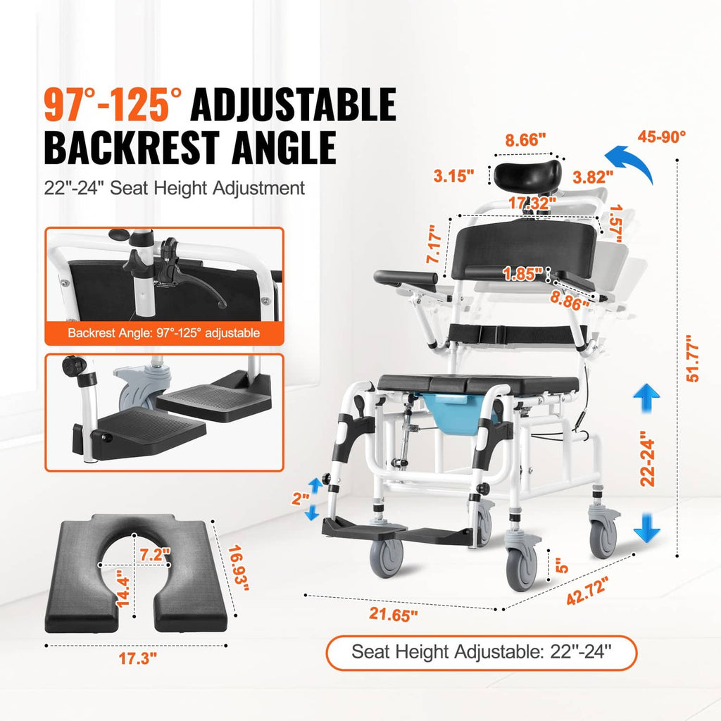 Adjustable shower wheelchair with backrest angle and seat height adjustment