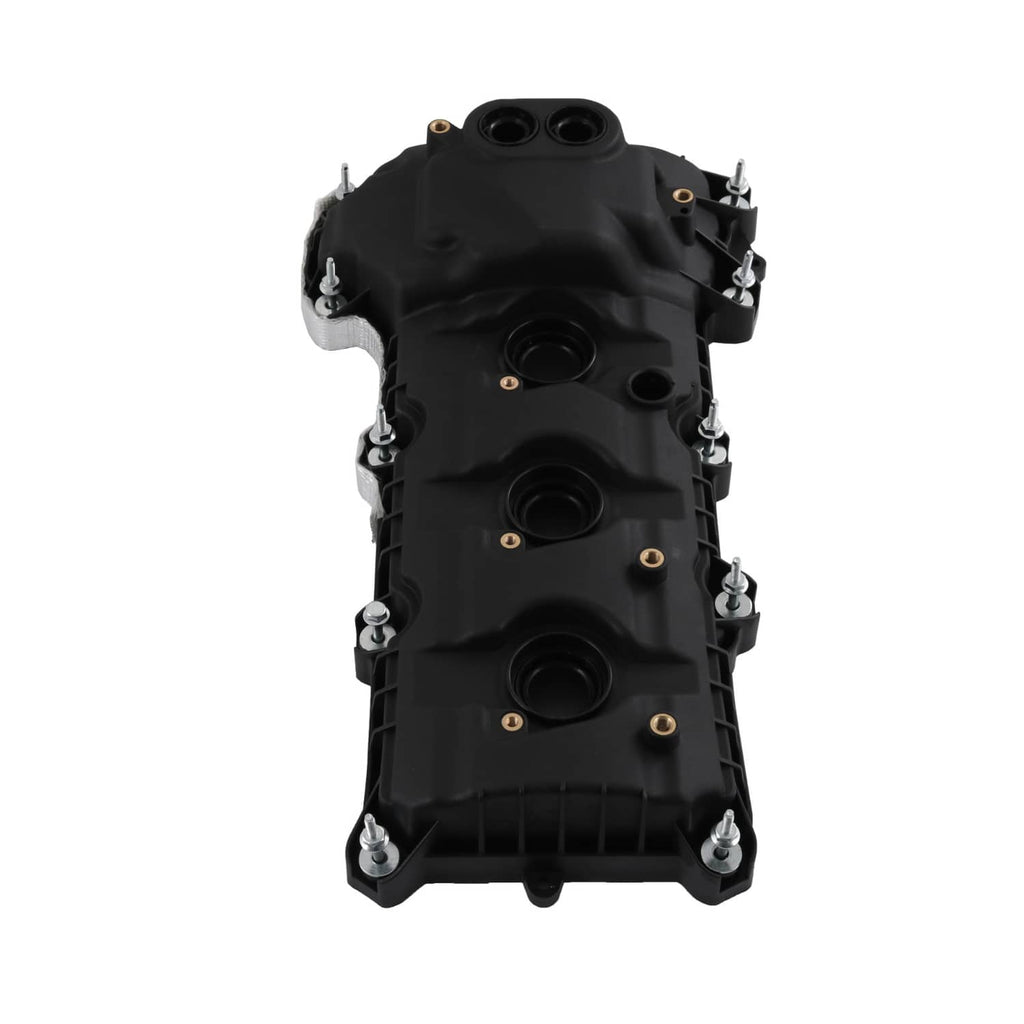 Black engine valve cover with multiple openings and corner mounting bolts