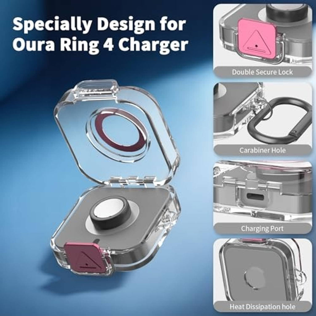Clear case with gray charging port area and pink double-lock latch, shown open