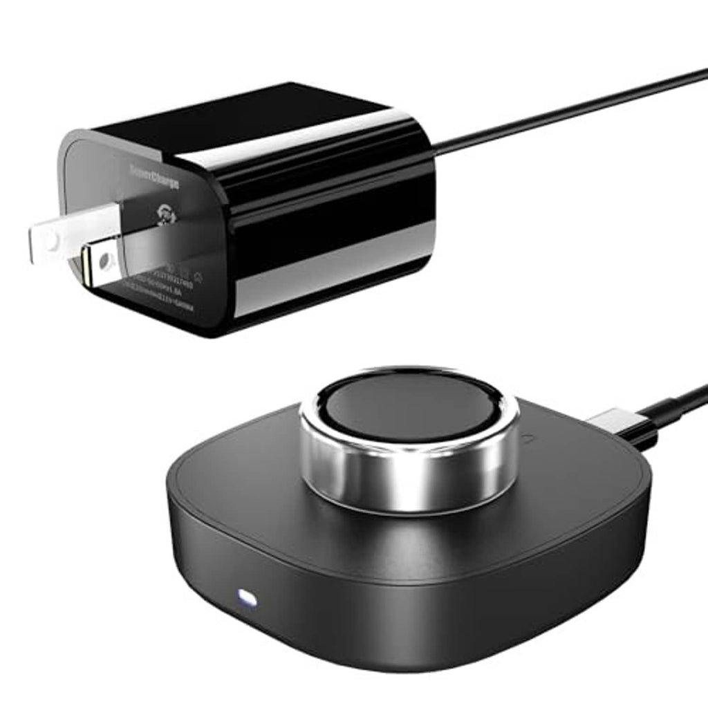 Black charging dock base with round ring cradle and USB-C cable