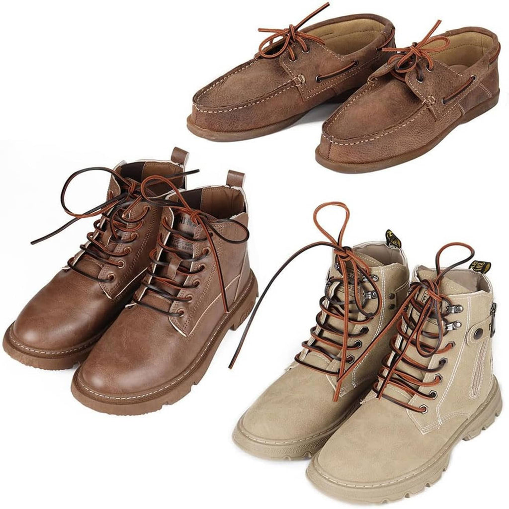 Leather cord laces on brown and tan boots, showing braided cord ends