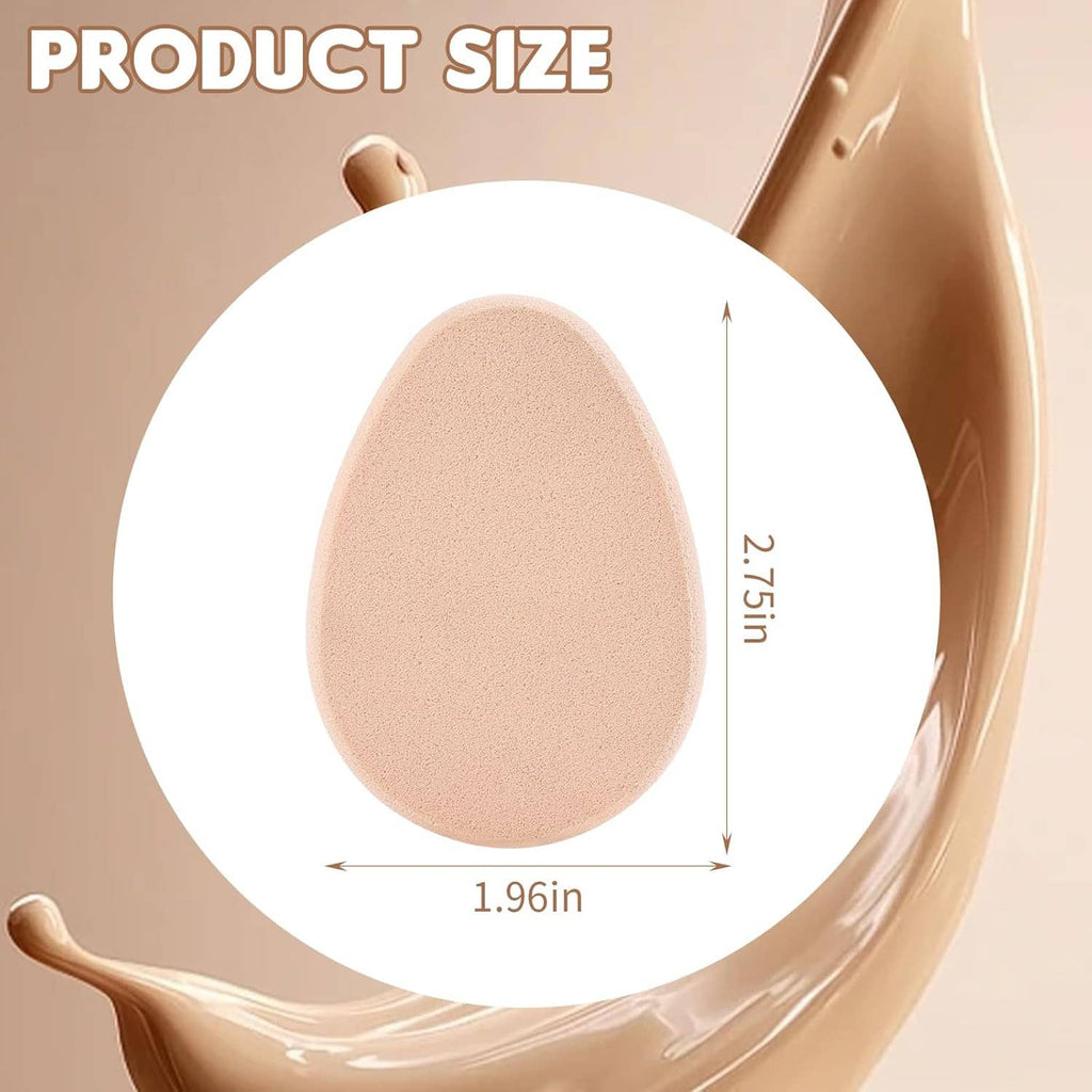 Beige teardrop makeup sponge size view with vertical and horizontal measurements