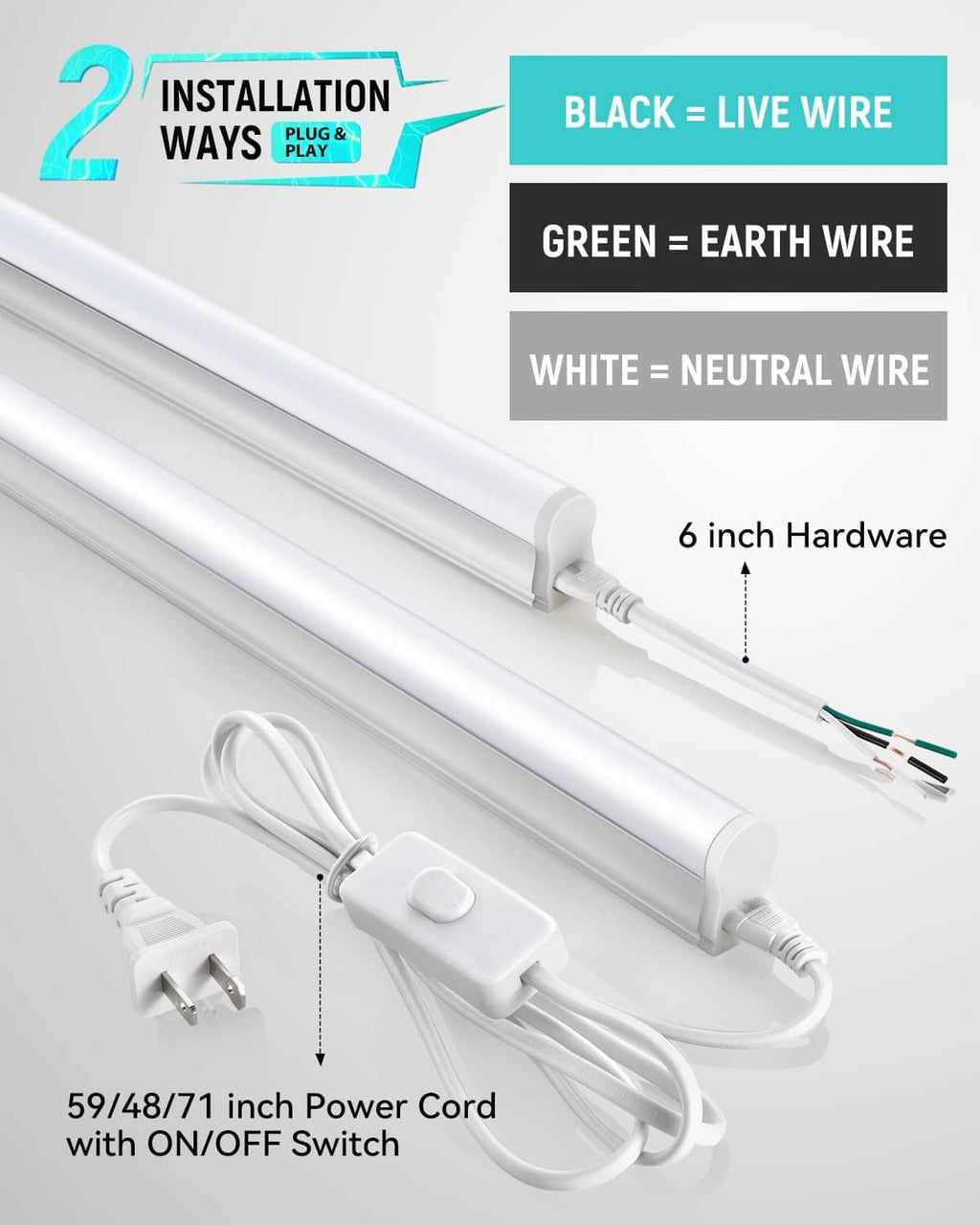 T5 LED shop light with white power cord, inline ON/OFF switch, and wiring leads