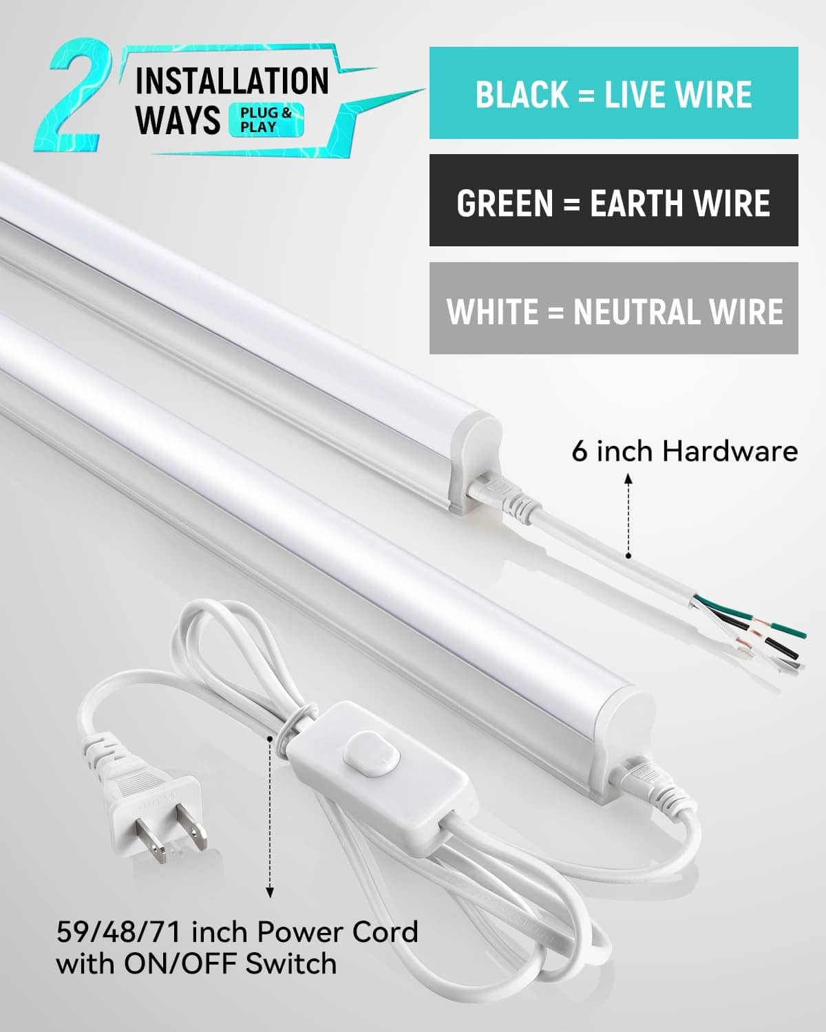 T5 LED shop light with white power cord, inline ON/OFF switch, and wiring leads