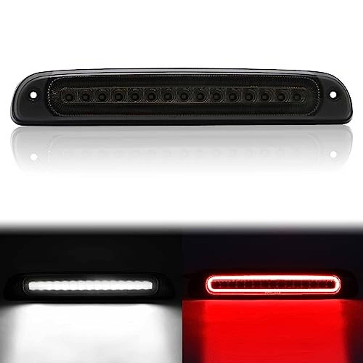 Smoked LED third brake light bar shown with red LED glow