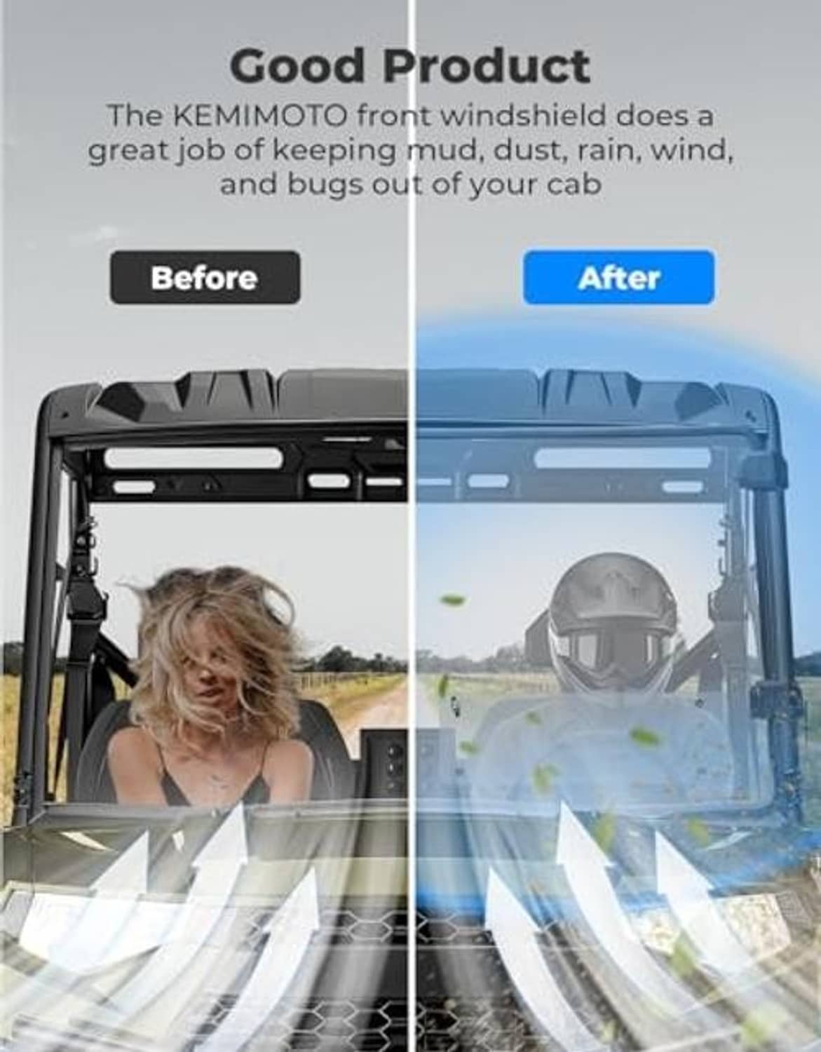 Front windshield installed on UTV cab, helping block mud, dust, rain, wind, and bugs.