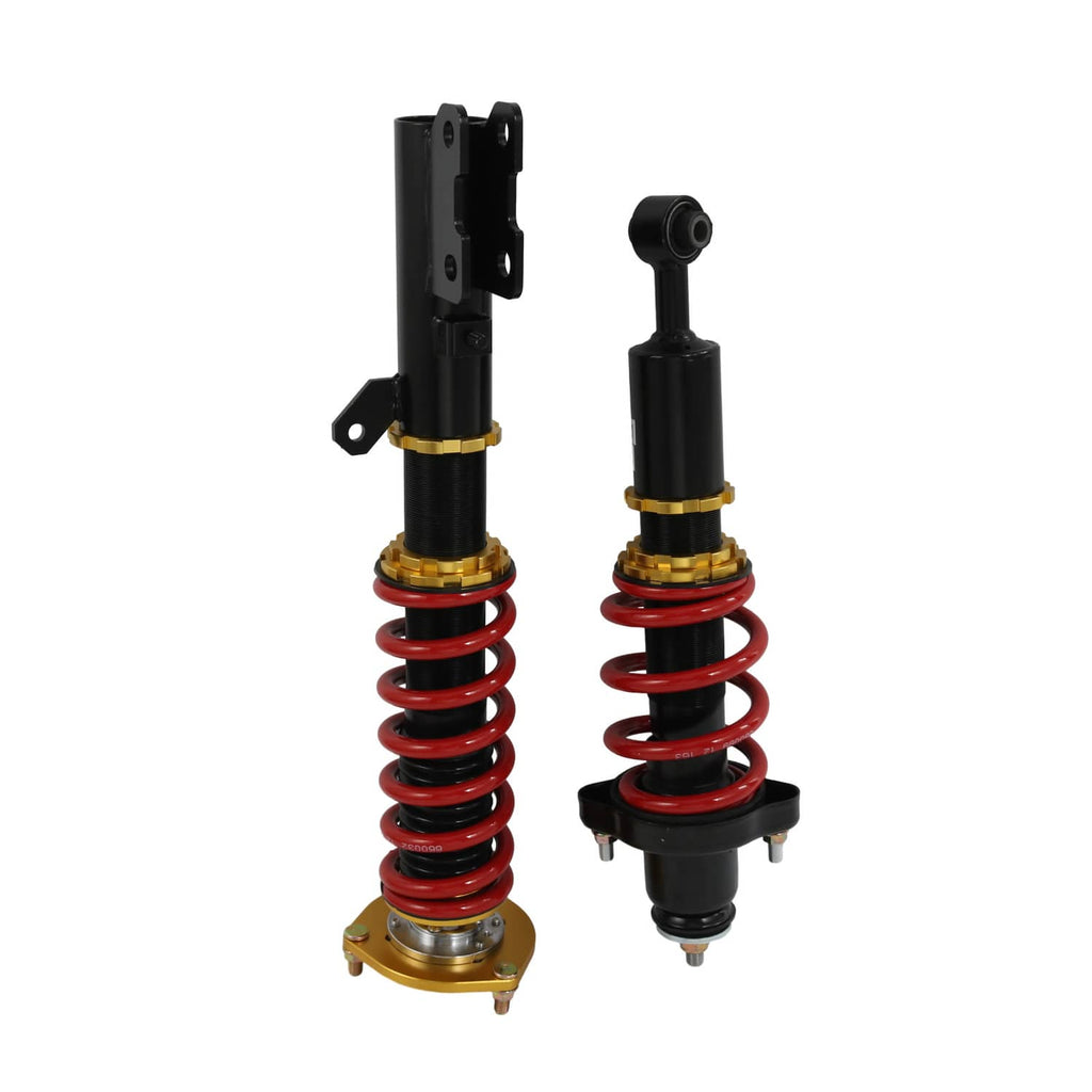 Coilover strut pair with red springs, black dampers, and gold spring bases