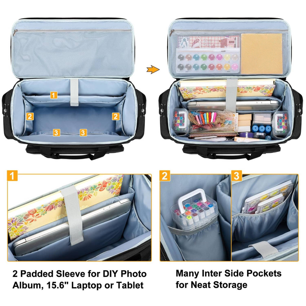Open black organizer bag showing padded laptop sleeve and inner storage compartments