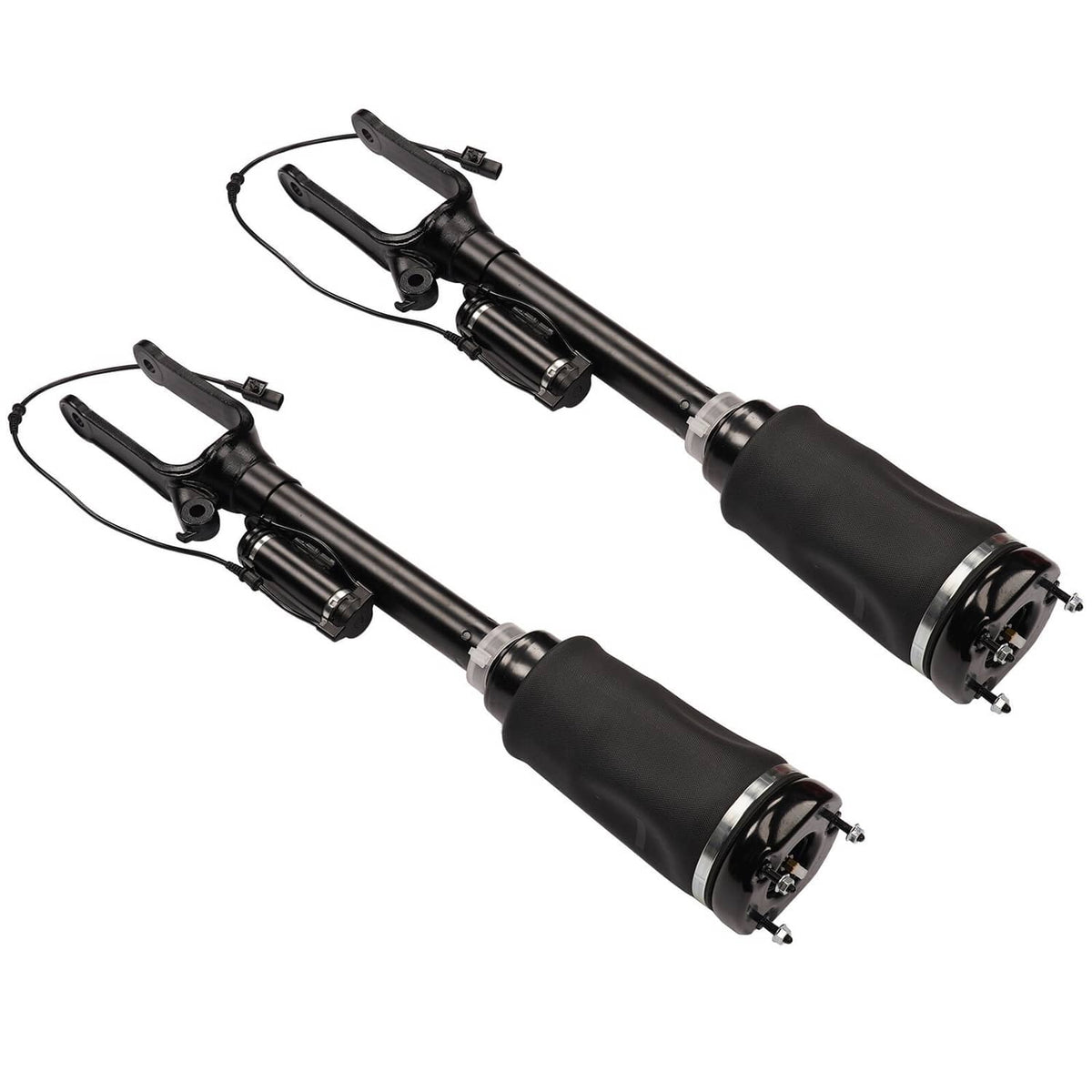 Front air suspension strut pair with black air springs and mounting brackets