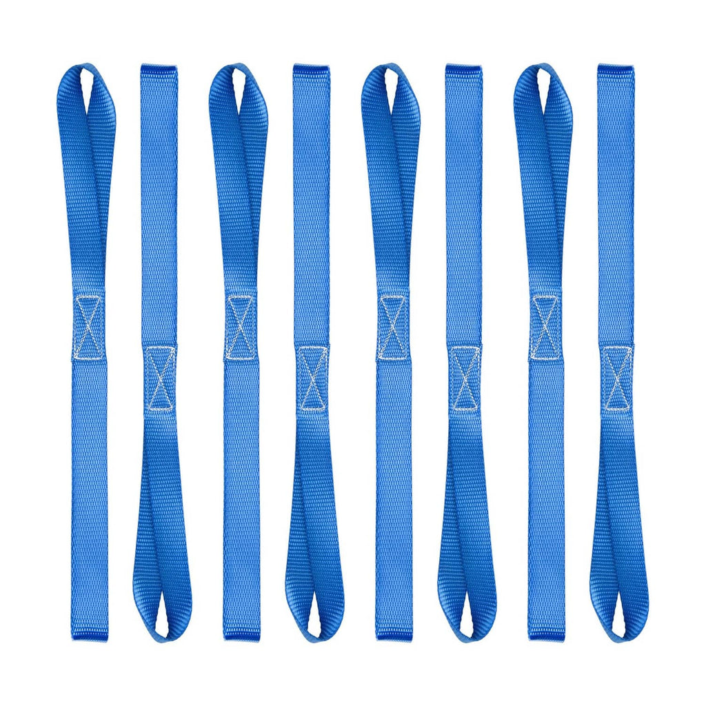 Set of eight blue soft-loop tie-down straps with reinforced cross-stitching