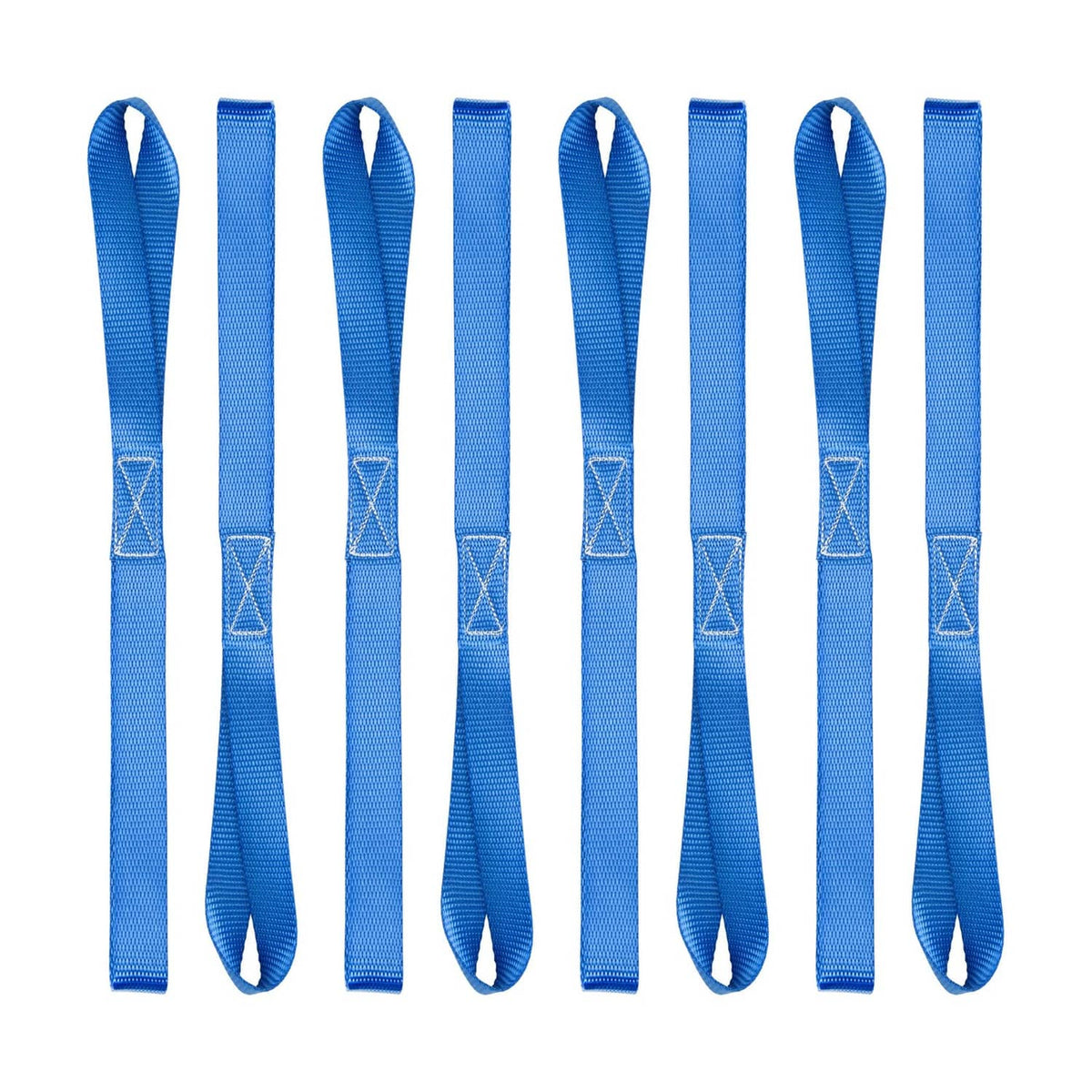 Set of eight blue soft-loop tie-down straps with reinforced cross-stitching
