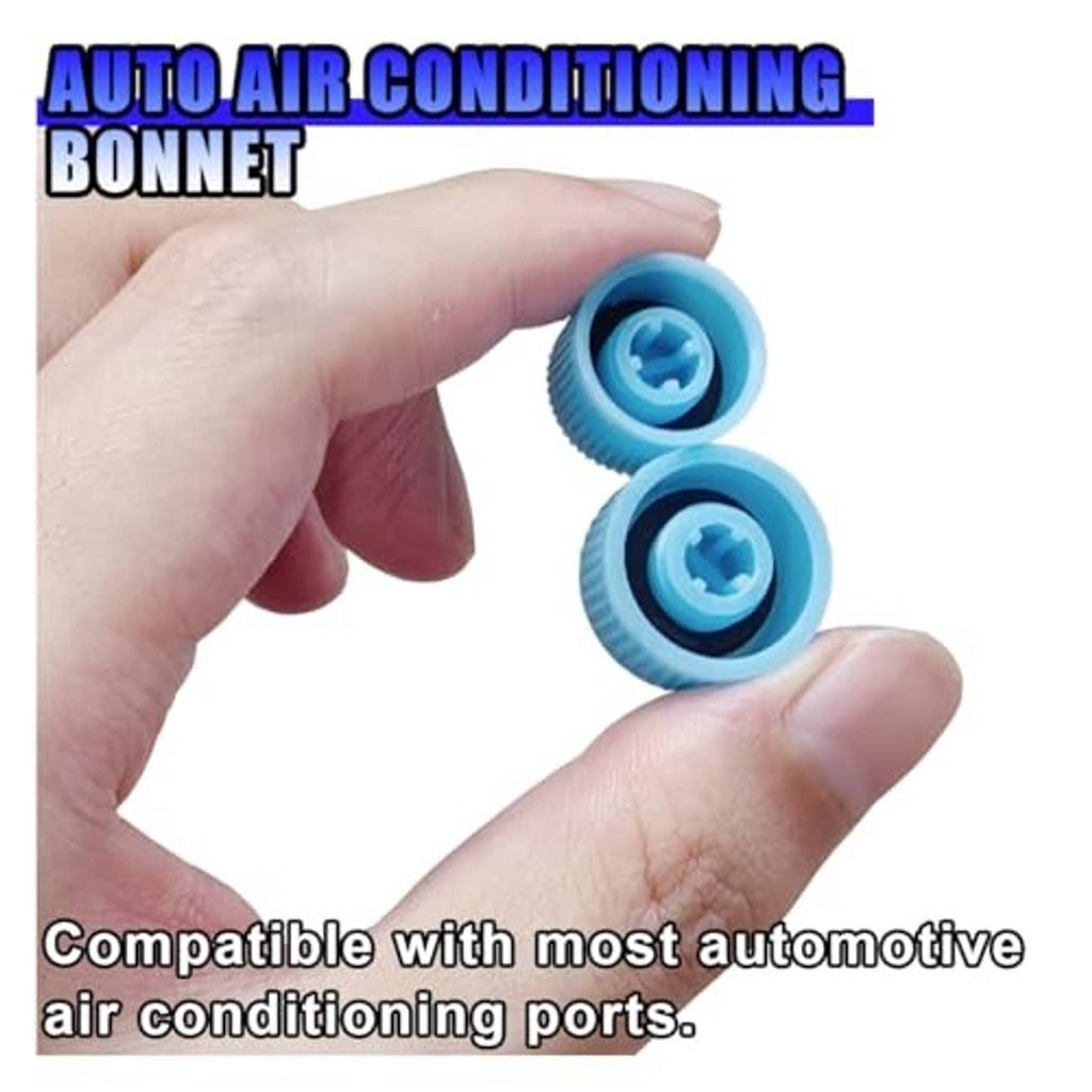 Blue A/C valve caps held in hand, two-pack with ribbed caps and inner seal