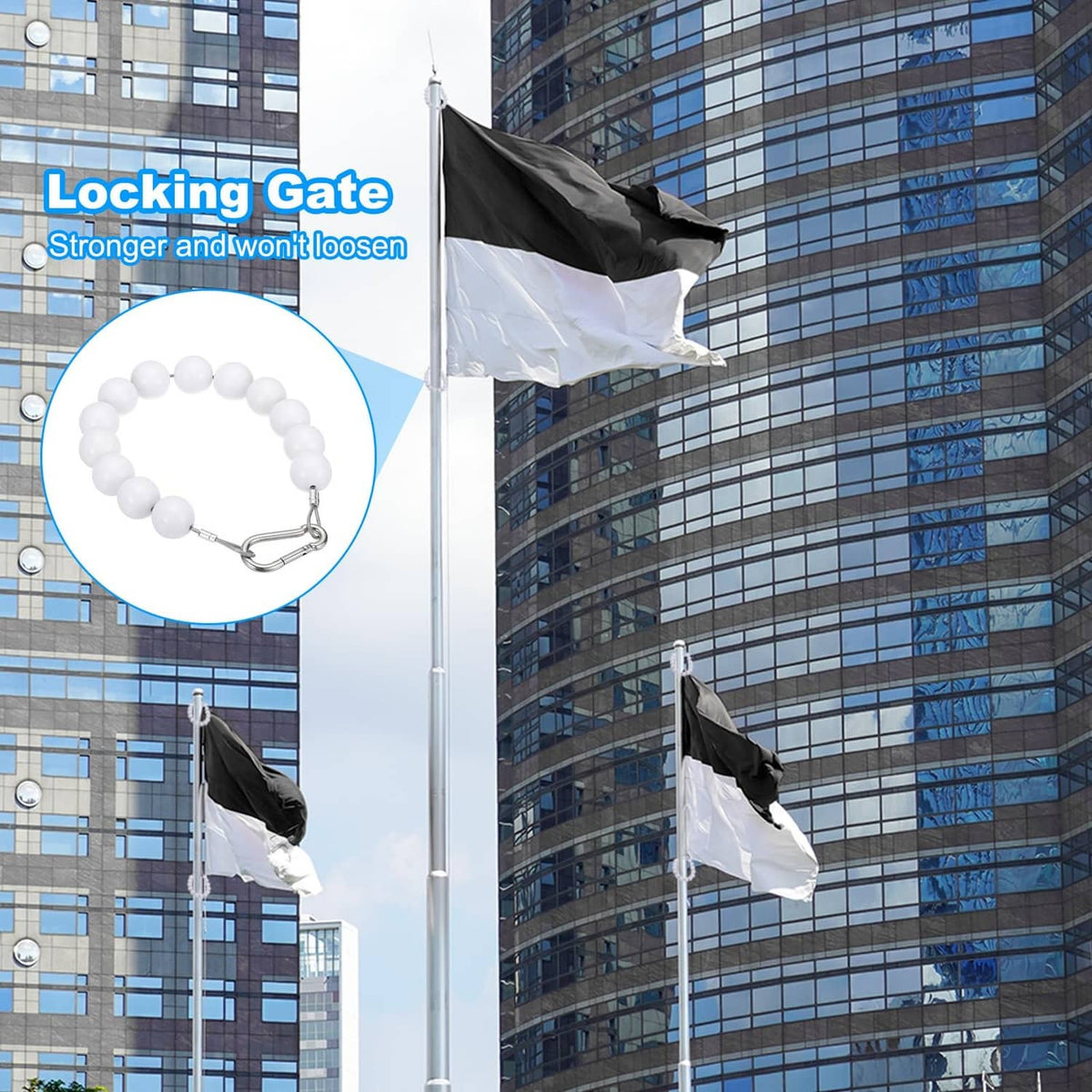 White beaded flagpole retainer ring with metal locking hook clasp