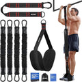 Adjustable pull-up assistance bands set with carabiners and foot strap, black with red accents