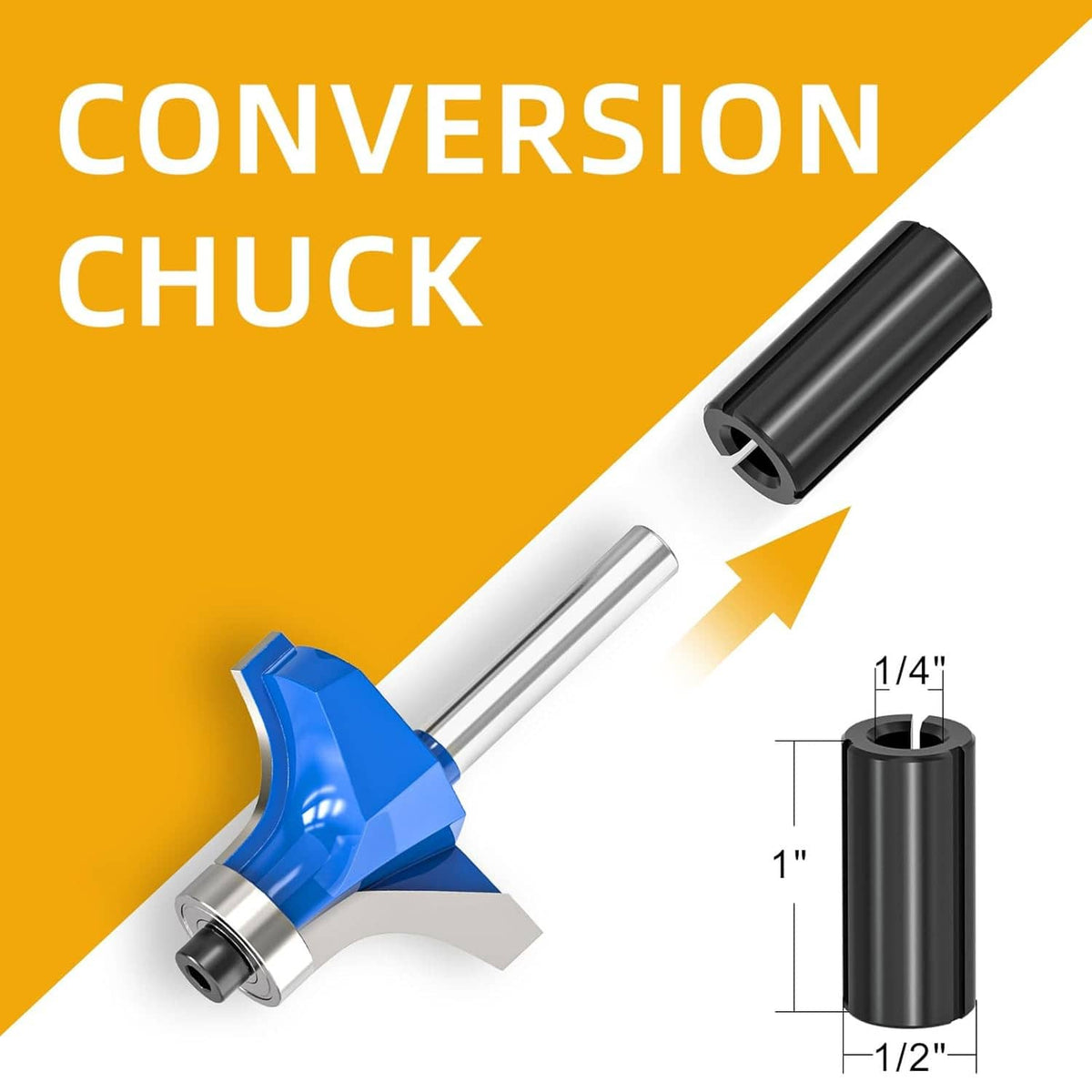 Roundover router bit with blue cutter and black conversion chuck sleeve