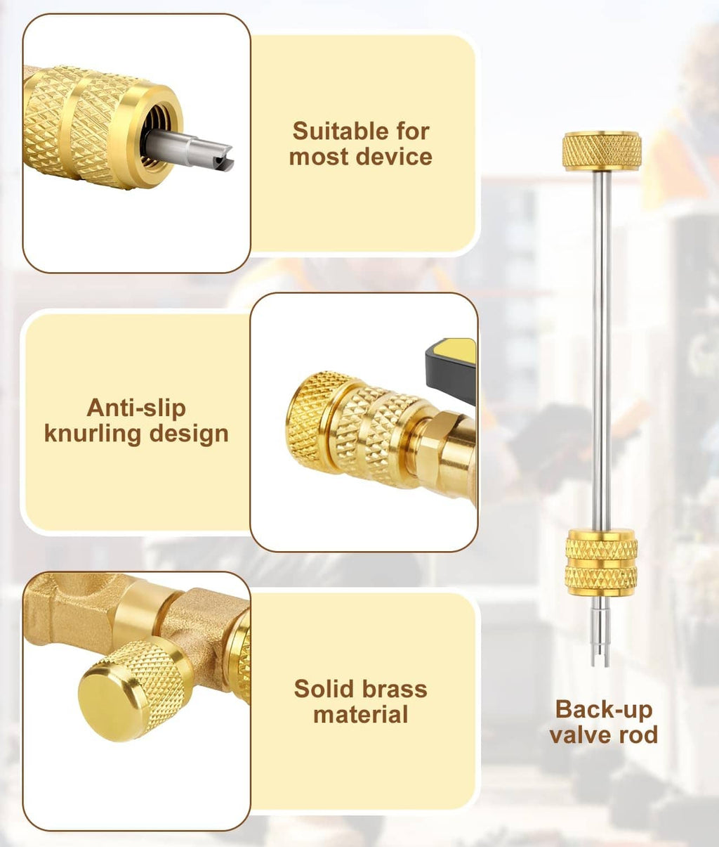 Brass valve core removal tool with black lever cap, knurled grip, and spare rod