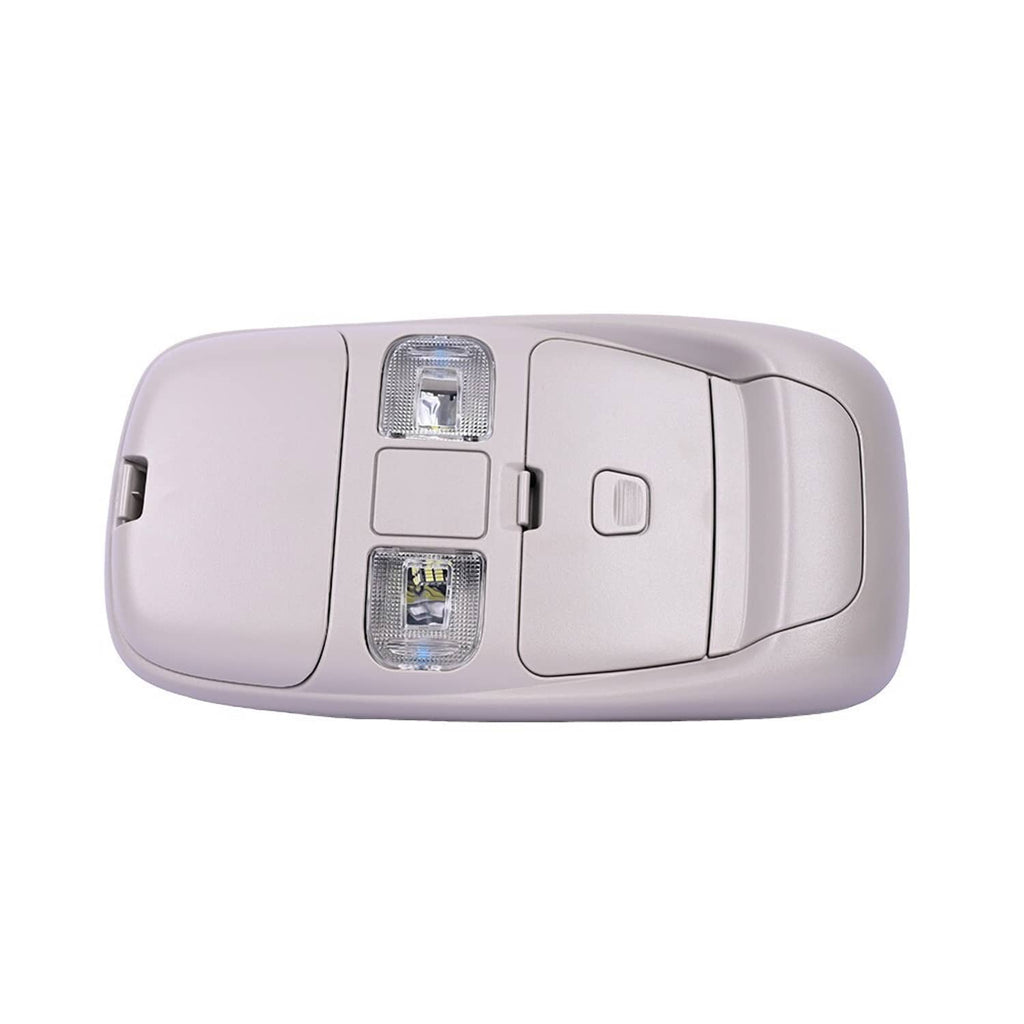 Vehicle overhead console with two lamp lenses and side housing panels, light gray.