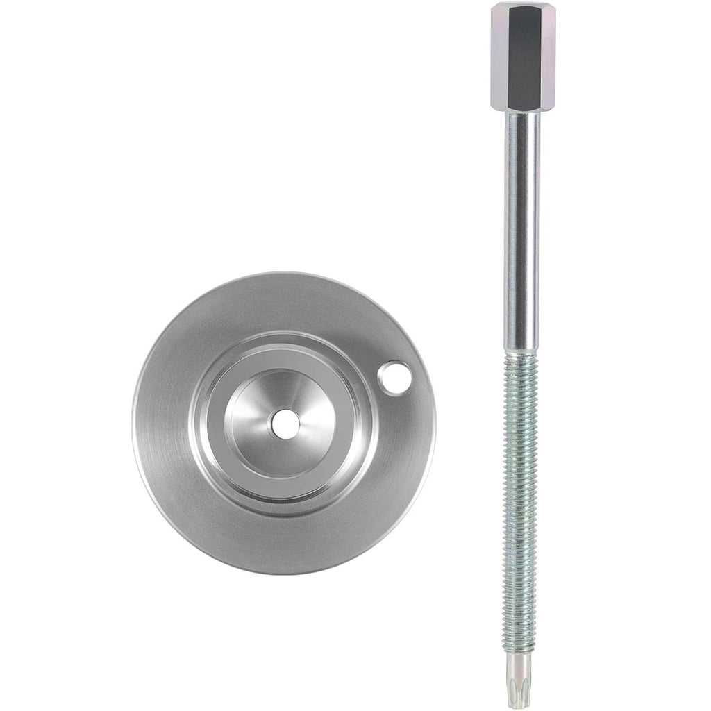 Clutch belt removal tool components: round pulley plate and long threaded puller rod