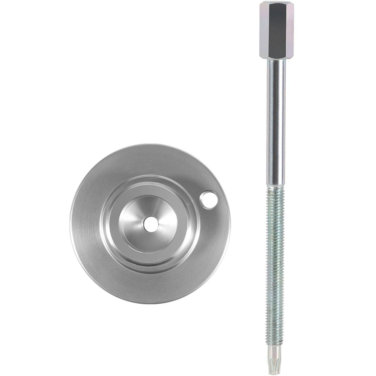 Clutch belt removal tool components: round pulley plate and long threaded puller rod