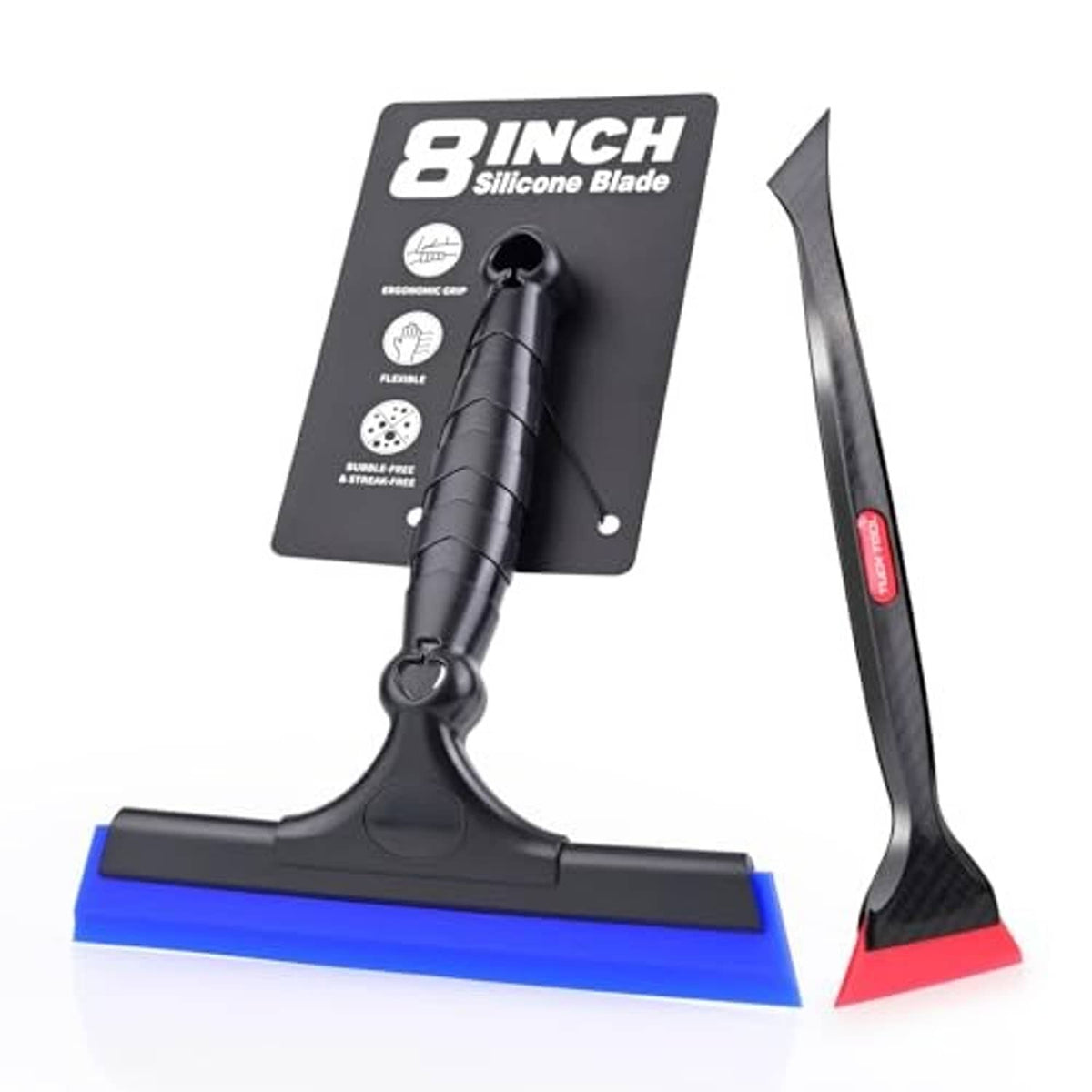8-inch silicone window squeegee kit with black handle, blue squeegee edge, and red tip