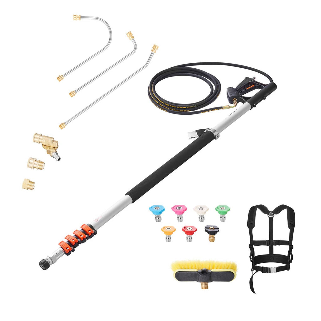 Telescoping pressure washer wand kit with brush head, nozzles, hose, and harness straps
