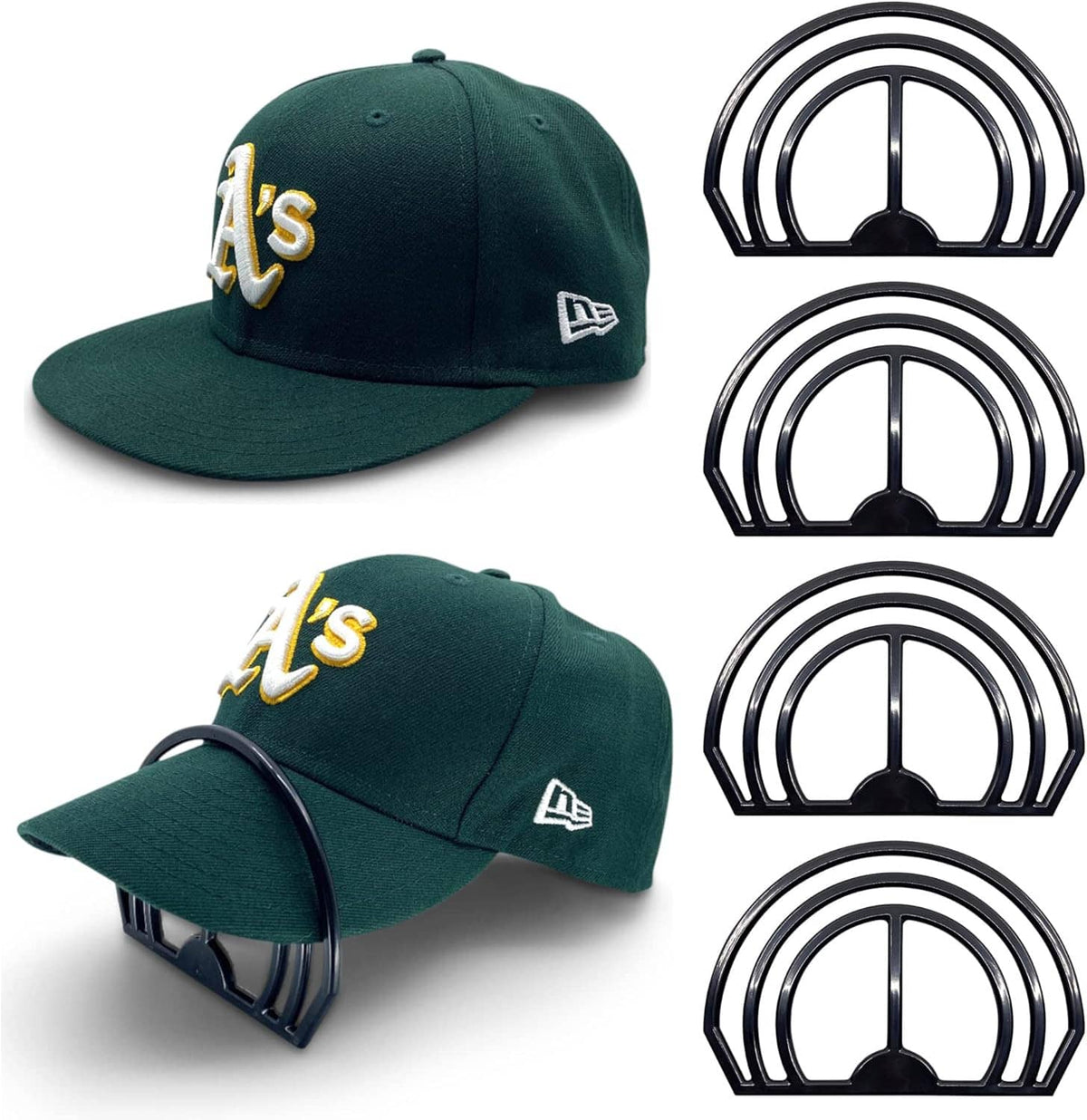 Dark green fitted cap with A's logo with brim bender guides in black curved arches