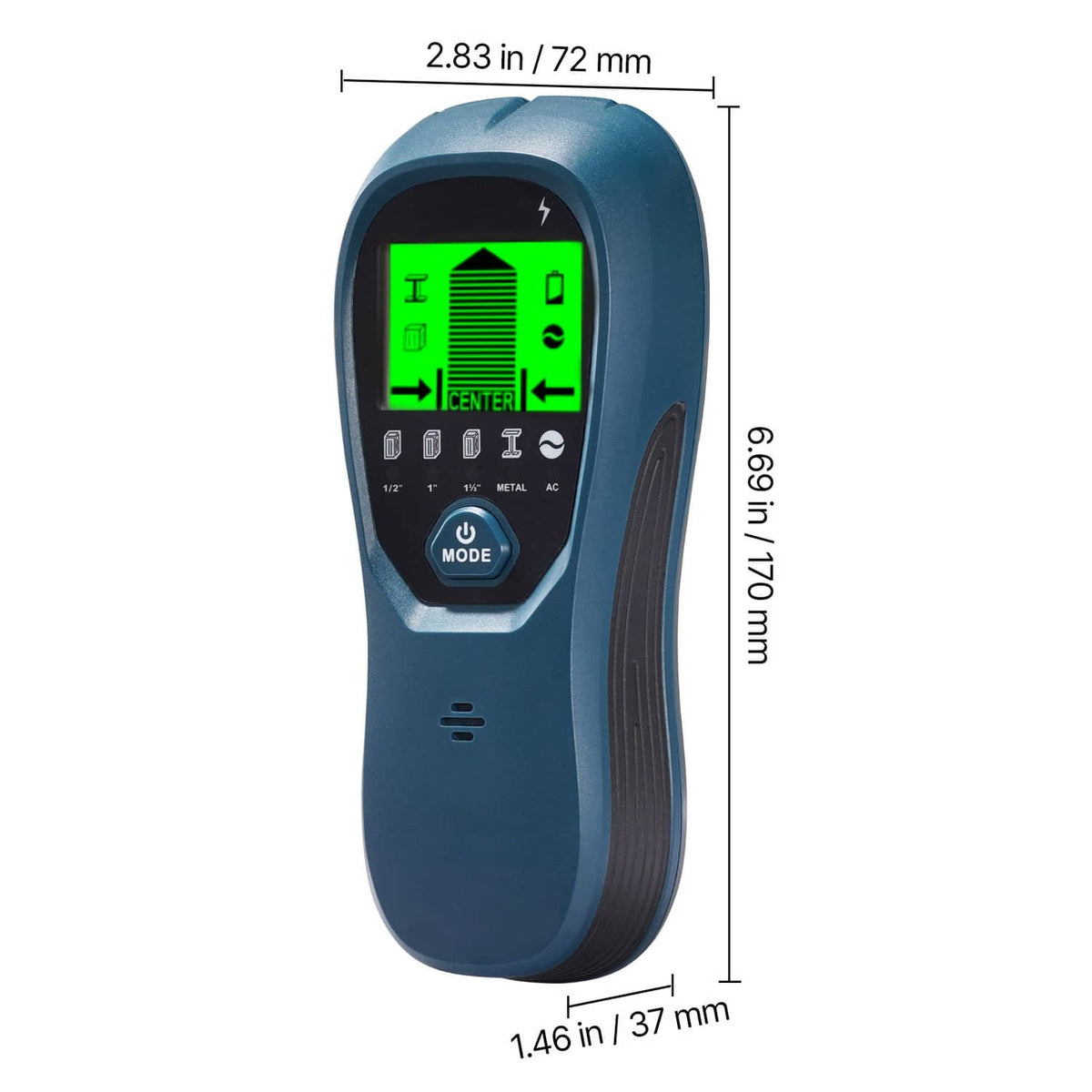 Blue electronic wall scanner front view with green LCD and measurement callouts